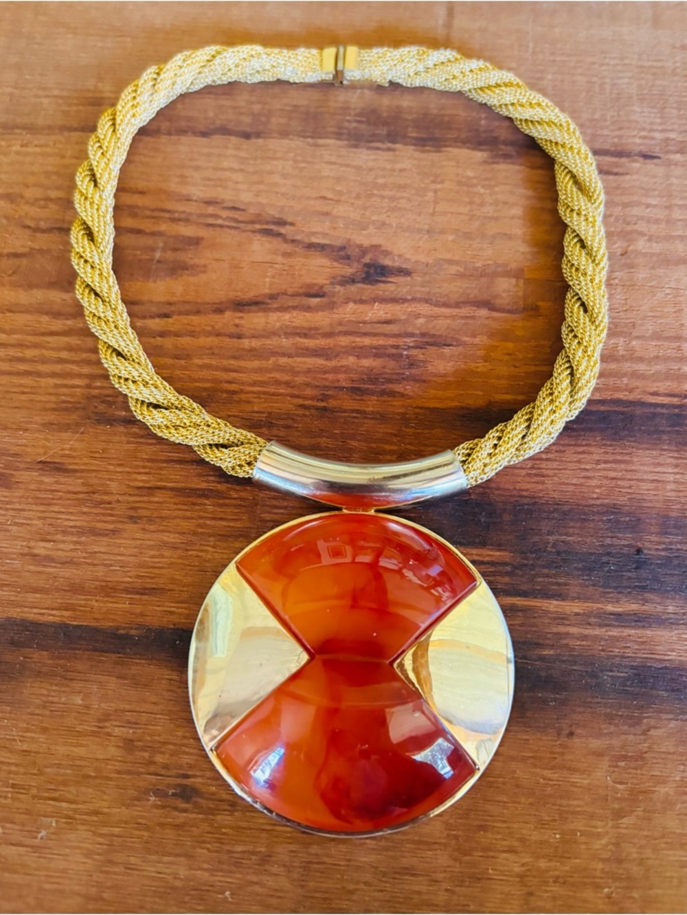 Lanvin Vintage 70s Signed Gold-Tone Braided Necklace with Deep Amber Pendant